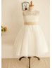 Ivory Lace Tulle Keyhole Back Flower Girl Dress With Bows